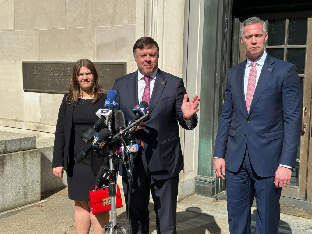 State Senate Minority Leader Ryan McDougle speaks outside the Supreme Court of Virginia.