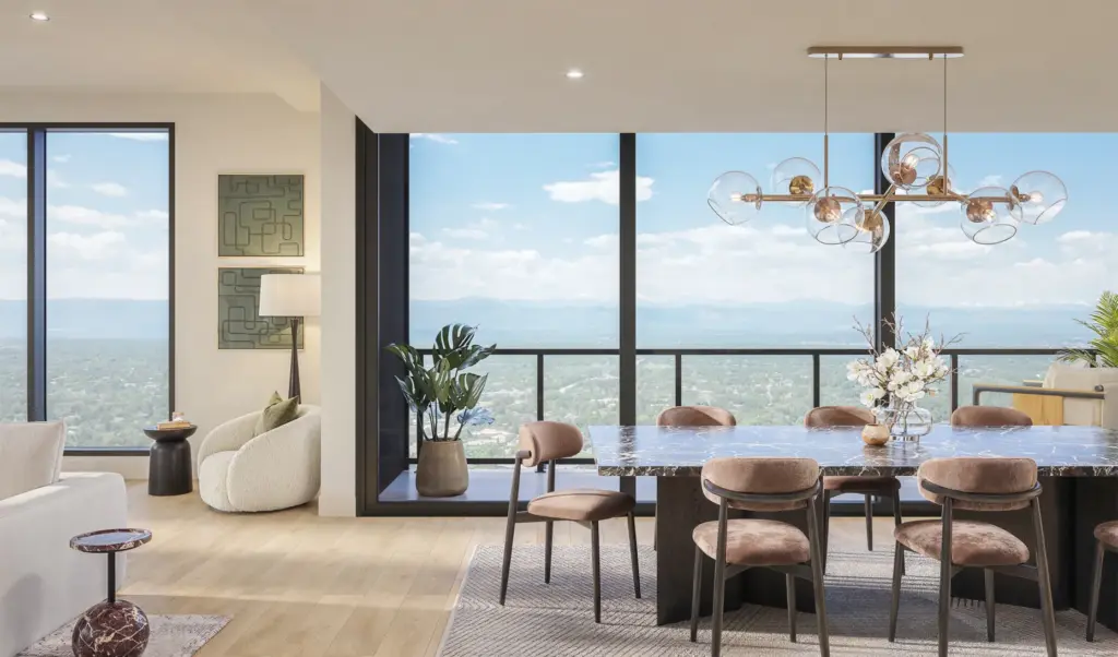A rendering of a dining room at the Apiary Residences...