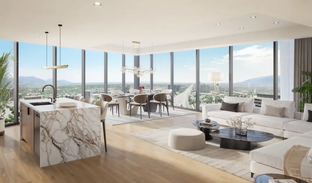A rendering of a living room at the Apiary Residences...