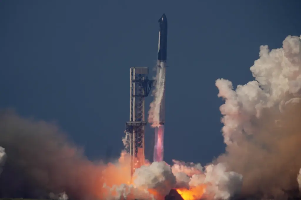 SpaceX’s mega rocket Starship makes a test flight from Starbase,...