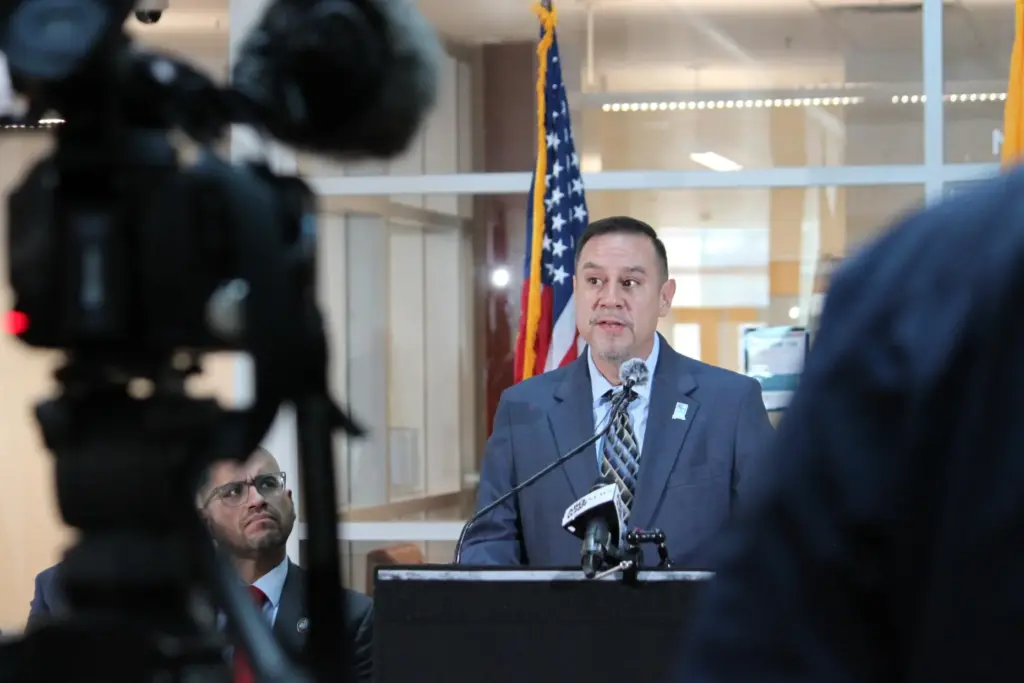 EspaÃ±ola Mayor Dennis Tim Salazar speaks during a news conference.