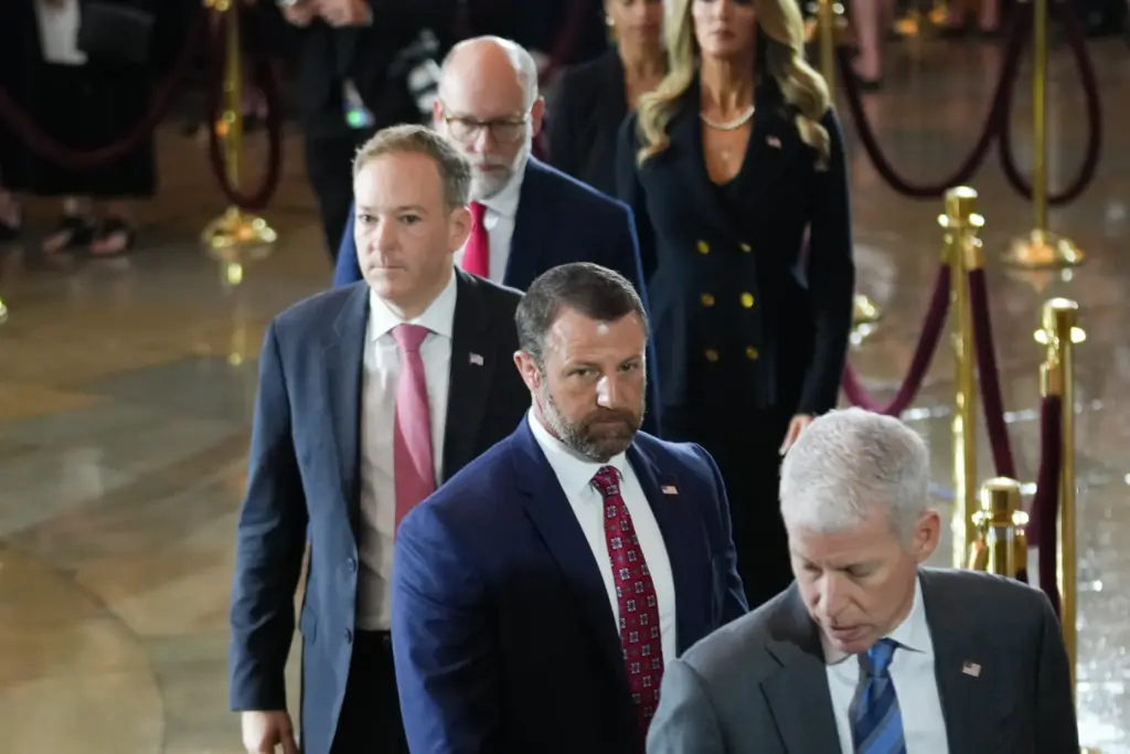 Lee Zeldin, Chris Wright and Markwayne Mullin arrive for a tribute to Lindsey Graham.