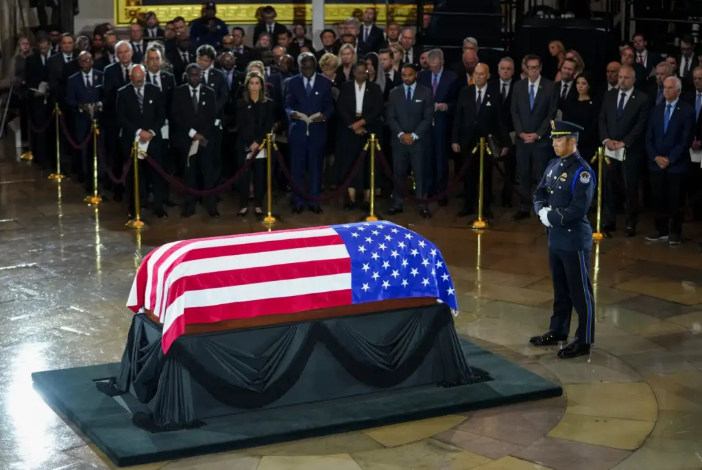 The flag-draped casket of the late Sen. Lindsey Graham sits in the Capitol Rotunda.
