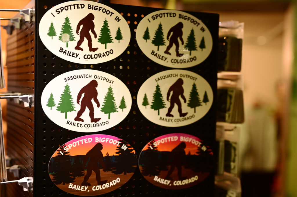Bigfoot stickers are sold at Sasquatch Outpost in Bailey, Colorado...
