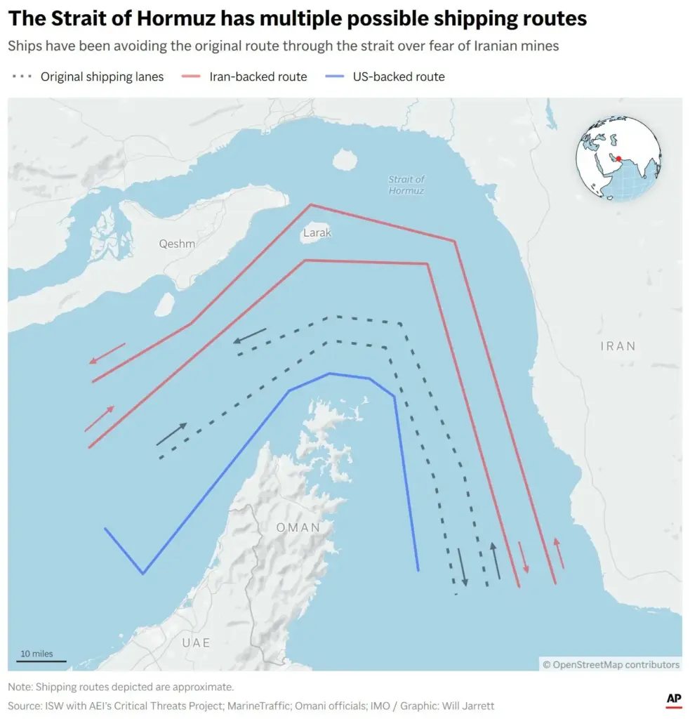 Map showing multiple possible shipping routes through the Strait of Hormuz.