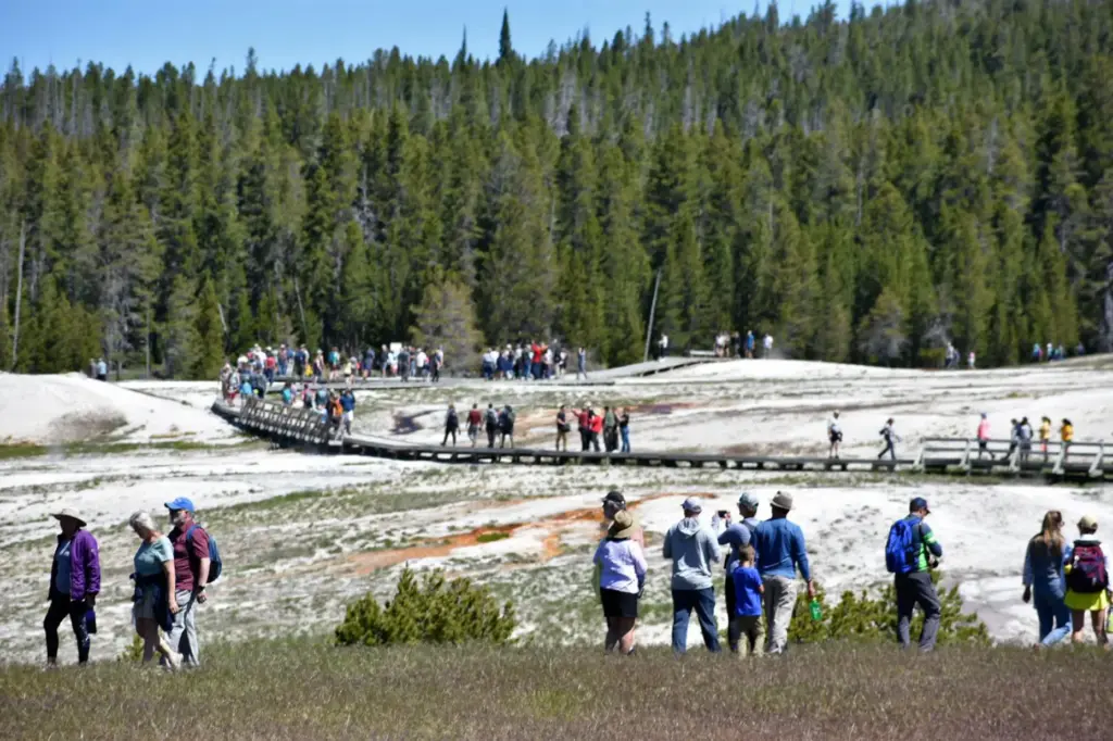 FILE – Tourists walk along a boardwalk in Upper Geyser...