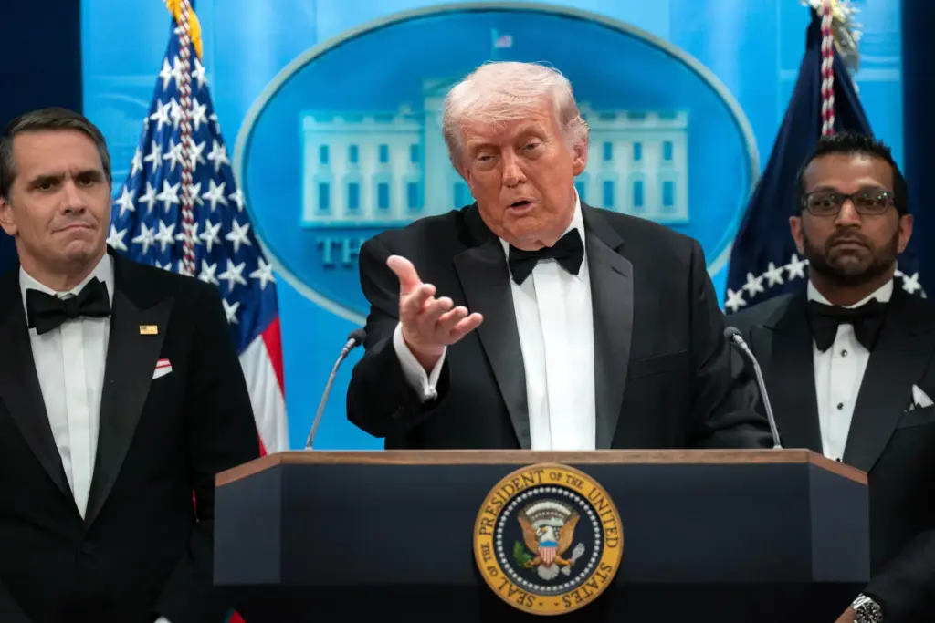 President Donald Trump speaks in the James Brady Press Briefing Room.