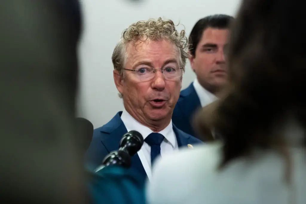 Sen. Rand Paul talks to reporters following a Senate Homeland Security and Governmental Affairs Committee hearing.