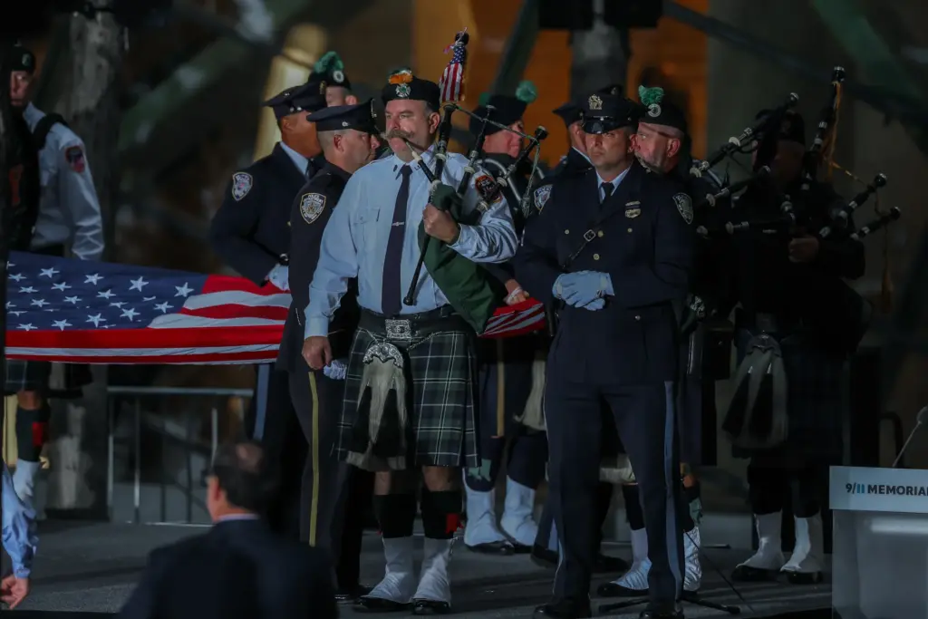 Members of the New York Fire Department and New York Police Department rehearse.