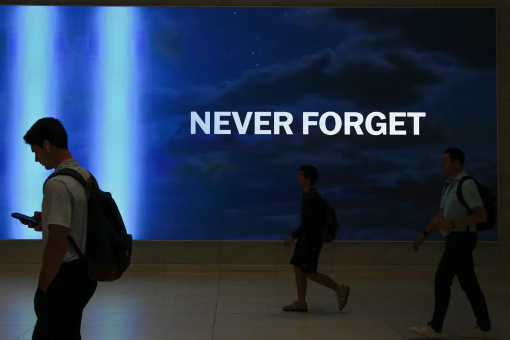 People walk in the Oculus near the memorial on the 25th anniversary of 9/11.