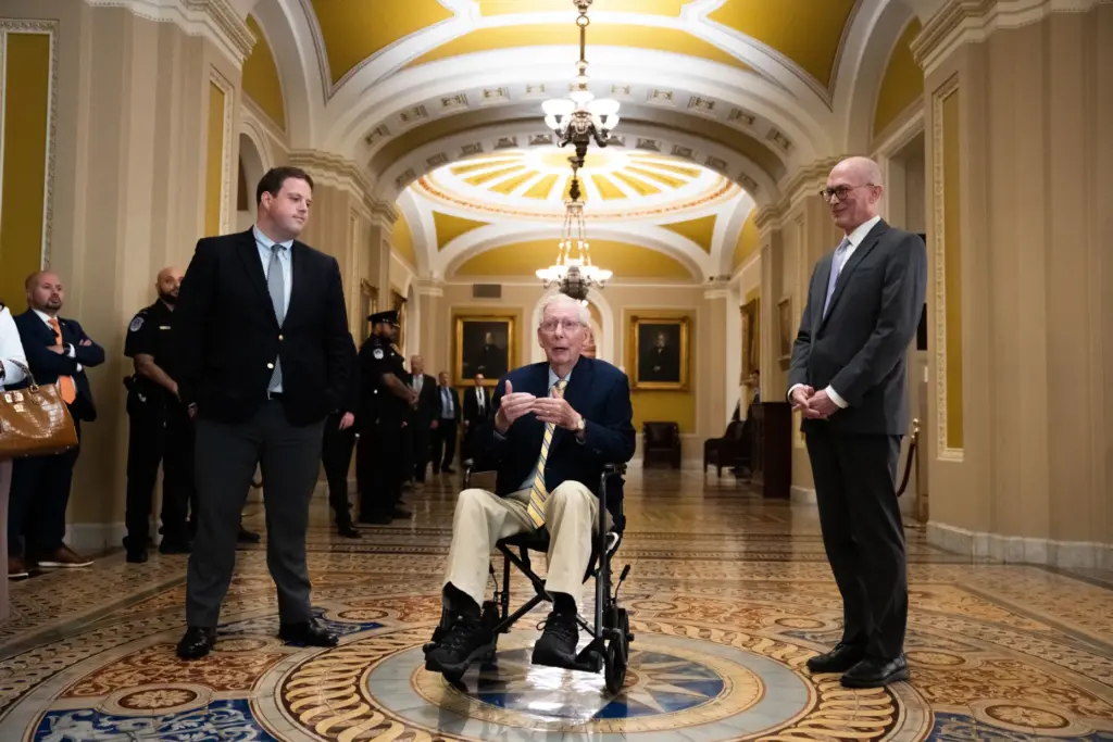 Sen. Mitch McConnell, R-Ky., speaks to reporters at the U.S....