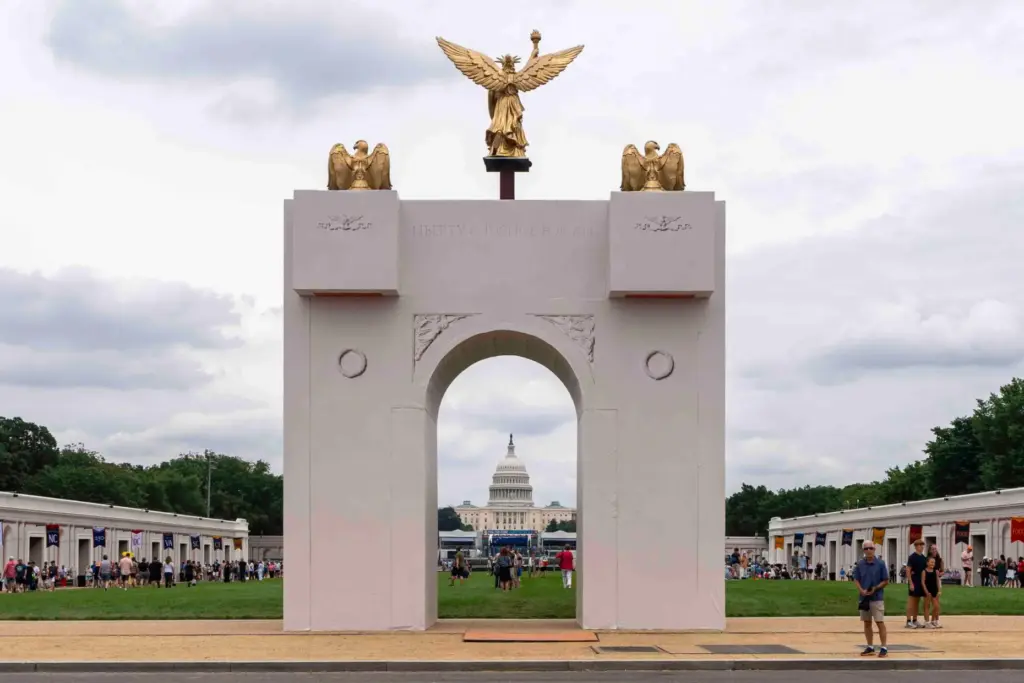 FILE – A mockup of President Donald Trump’s proposed triumphal...