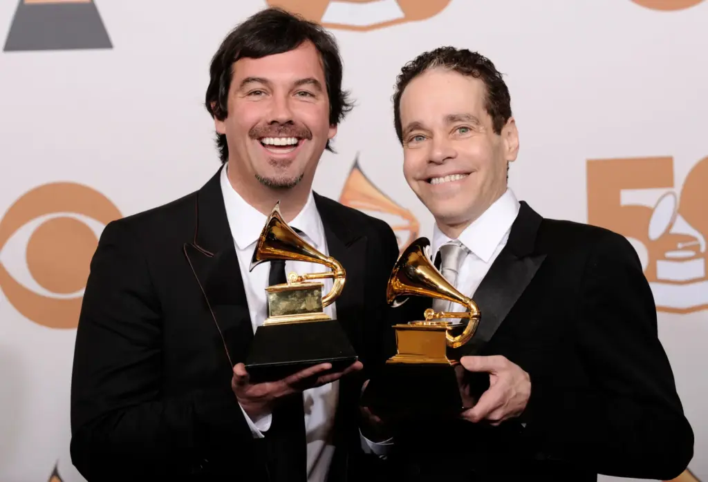 Duncan Sheik and Steven Sater are seen with their Grammy Awards.