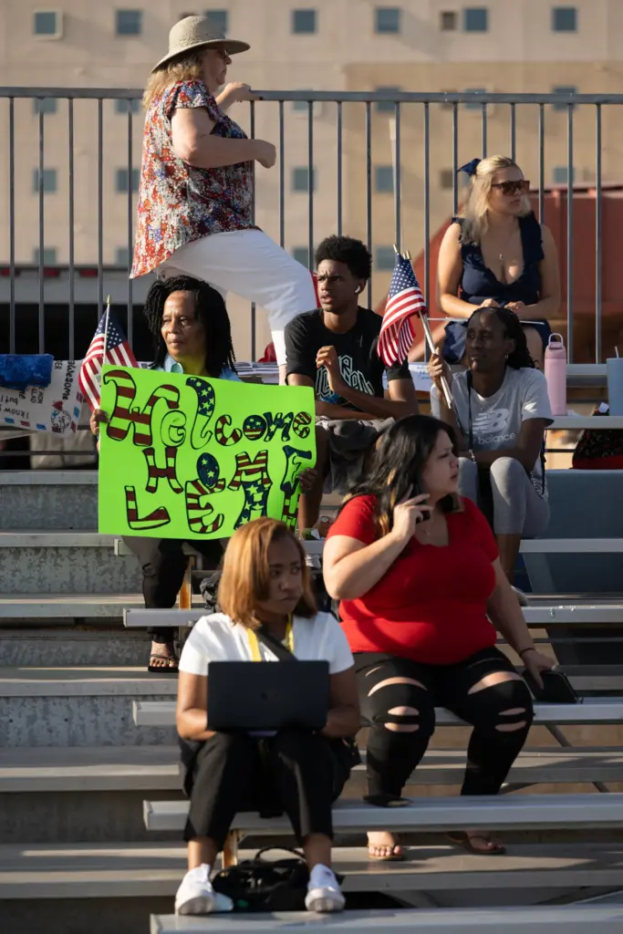Coronado, CA – People find their seats in the bleachers...
